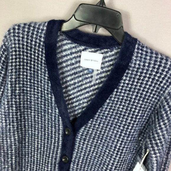 COURT & ROWE Women's Navy Houndstooth Eyelash Knit Cardigan Sweater Size XS - Picture 4 of 10